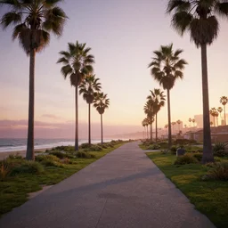 a unreal engine scene, los angeles, palms, ocean, sunset, concept art, hyperrealistic, trending on artstation, high quality, highly detailed, path traced, soft lighting, soft colors, digital art, 8 k hdr, octane render, unreal engine 5,