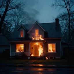 house on fire, almost night, dim light, bad weather, ultrahd, ultra sharp, hyper detailed, 8 k, shot on 3 5 mm film camera, smooth sharp forcus, realism, tumblr aesthetic,
