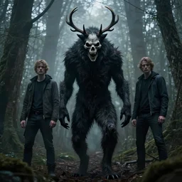 style artgerm, joshua middleton, steve niles, jesper ejsing, scary wendigo with antlers and skull face mixed with werewolf, in the forest, detailed, dark and foggy, cinematic lighting