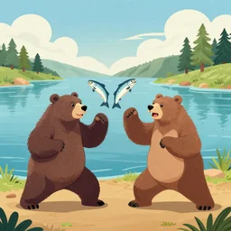 kodiak bears kung - fu fighting on a lakefront using salmon as weapons, in the style of the flinstones,