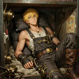 portrait of a mechanic lying within a cramped and dimly lit bunk, blonde, tank top, overalls, steampunk, highly detailed, cel shading, digital painting, anime key visual, by ilya kuvshinov and artgerm and alphonse mucha