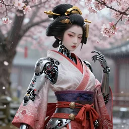 an epic fantastic realism comic book style portrait painting of a japanese robotic geisha with kanji tattoos and decals, cherry blossom rain everywhere, apex legends, octane render, intricate detail, 4 k hd, unreal engine 5