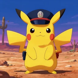 ⁠portrait of Police Officer Pikachu, New Mexican desert background, rich vivid colors, ambient lighting, dynamic lighting, 4k, HQ, official media, anime key visual, makoto shinkai, ilya kuvshinov, lois van baarle, rossdraws, detailed, trending on artstation