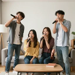 four friends rapping with microphone in living room, epic pose, white people, Asian people, Hispanic people, Indian people, silhouetted, distinct, digital art, vaporwave, psychedelic, surreal, trending on Artstation, professional artist, detailed, 4k