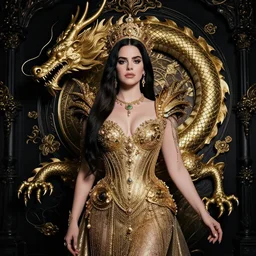lana del rey as an extravagant elegant dragon empress portrait shot by android jones. elite luxury decorative darkfantasy, goddess.