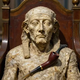 mummified pipe in his throne at the vatican, desiccated, close - up portrate, hyper realistic, sharp focus, highly detailed