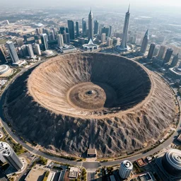 Drone Photography, 4k, A Giant Crater On Earth, Surrounded by Futuristic Cities