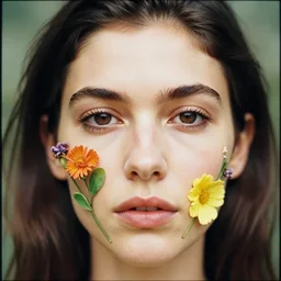 closeup portrait of a woman with flowers growing out of her face, by Annie Leibovitz and Steve McCurry, natural light, detailed face, CANON Eos C300, ƒ1.8, 35mm, 8K, medium-format print