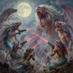 concept art of giant mutant mermaids attack, lots of teeth, melting horror, fluffy feathers, round moon, rich clouds, fighting the horrors of the unknown with laser guns, high resolution, very detailed, colorful, roaring, volumetric light, mist, grim, fine art, decaying, textured oil over canvas, epic fantasy art, very colorful, ornate