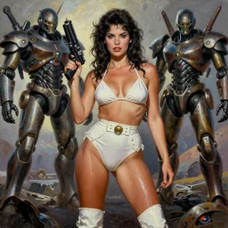 A mixed media portrait painting of a beautiful brunette woman an alien planet, very curvy, aesthetic! high-waisted white-bikini-armor and boots, holding a ray-gun, aesthetic symmetrical face and eyes, model, wet, discarded mechsuit in background, by  Frank Frazetta, Boris Vallejo, Beeple, Greg Rutkowski, Christian MacNevin, eighties-pinup style, epic fantasy character art, high fantasy, CGsociety, exquisite detail, post-processing, masterpiece, cinematic