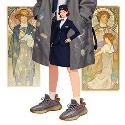 an illustration of a futuristic stewardess girl wearing yeezy 5 0 0 sneakers and and an anorak designed by balenciaga by john berkey by stanley artgerm lau, greg rutkowski, thomas kinkade, alphonse mucha, loish, norman rockwell