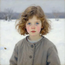 a seven year old girl with short wavy curly light brown hair and blue eyes in a snowy field. beautiful painting by artgerm and greg rutkowski and alphonse mucha