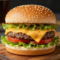 photorealistic cheeseburger with tomato, lettuce, melted cheese, sesame seed bun