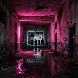 backrooms abandoned mall, ominous neon pink lighting, moldy walls and shallow water, shadowy tall figures in the distance