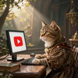 [Clear medieval illustration of a cat watching youtube on a computer]