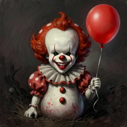 surrealism grunge cartoon portrait sketch of a mushroom with a wide smile and a red balloon by - michael karcz, loony toons style, pennywise style, horror theme, detailed, elegant, intricate