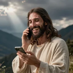 jesus christ laughing at memes on his phone.