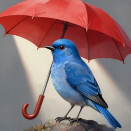 a digital painting of a blue bird using a red umbrella, storybook illustation