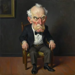 caricature angry old man in chair inside a dark house, painting by by ralph grady james, jean christian biville