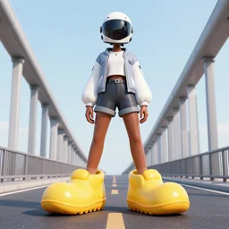 a fashion model in helmet, creative, brown skin, digital art, photo manipulation, artstation, standing, cyberpunk, giant, street, duck shoes, up there, photoshop, bridge