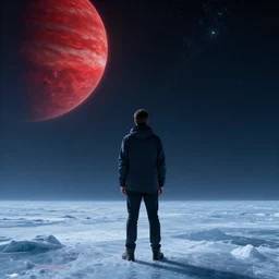 a man standing in a icy planet looking to the sky at night, part of a red planet appearing in the sky, concept art, digital art, high quality, highly detailed, 8 k, octane render, unreal engine 5, trending on artstation, anatomically correct, five fingers, cinematic, high coherence, beautiful, hyperrealistic, serene landscape