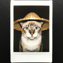 A portarit of an old Vietnamese cat wearing a Vietnamese straw hat and with giant brows looking scared to the camera, polaroid photo, colored, award winning