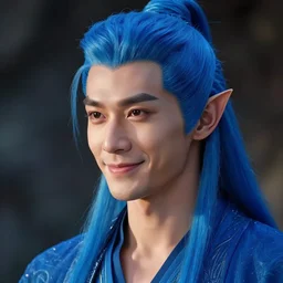 a portrait of a blue genie male in his 3 0 s with, noble, chiseled jaw, no beard, slightly smiling, elf ears, beautiful man, long blue hair in a ponytail, short hair on sides, style by donato giancola, wayne reynolds, jeff easley, dramatic light, high detail, cinematic lighting, artstation