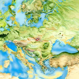 graphic map of a realm with distinct biomes, with cities and deserts and forests and lakes, highly detailed, smooth, sharp focus, illustration by moebius and thomas kinkade