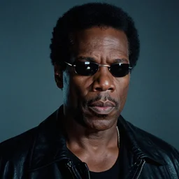 film still close - up shot of barry white as the terminator from the movie terminator 2. photographic, photography