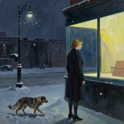 Elle Fanning stalking her prey at night in the world of Edward Hopper and Bosch, stormy snowy weather, streetlights, extremely detailed masterpiece, oil on canvas, low-key neon lighting, artstation, Blade Runner 2049, Roger Deakin’s cinematography, by J. C. Leyendecker and Peter Paul Rubens,