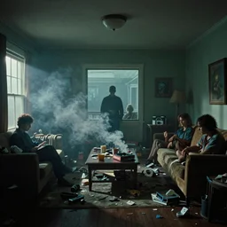 gregory crewdson interior photography, cassette futurism, cosmic psychedelic horror, crowded suburban living room full of smoke rubbish and people, edward hopper liminal space, atmospheric haze, film. film still, 1 6 mm cinematography