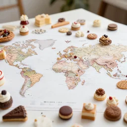 a table with a white map full of sweets and bite sized deserts. highly detailed 8 k. intricate. nikon d 8 5 0 3 0 0 mm. award winning photography.