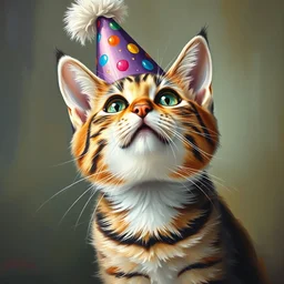 a very beautiful oil painting of a cute cat wearing a party hat