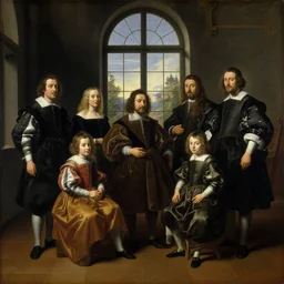 oil paint of family portrait in the main room of the castle, dark room, one point of light trough a big window. baroque style 1 6 5 0, high details on clothes, realistic faces and expressions