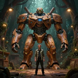 a man with snake skin stands in front of a giant organic wooden mecha in an orgainic wooden loading bay, solarpunk, organic bioluminescent street lights, forest canopy understory, cinematic lighting, dark and moody, octane render, 3 d pixar disney digital cgi rtx hdr painting, highly detailed, artstation cgsociety masterpiece, by syd mead, greg rutkowski,