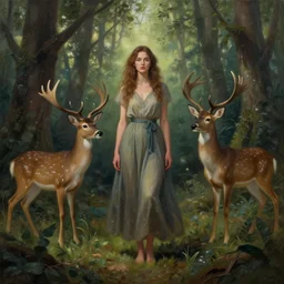 a painting of a woman standing in a forest with deer, a storybook illustration by louise abbema, cgsociety, magical realism, reimagined by industrial light and magic, volumetric lighting, cinematic lighting