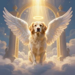 a beautiful digital painting of an angel dog with angel wings and halo in front of gates of heaven, Tyndall effect, golden heavenly lights, breathtaking clouds, 4K, HDR