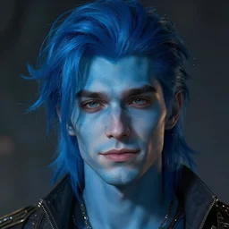a portrait of a man with blue hair and blue skin, a character portrait, trending on deviantart, fantasy art, lighthearted, handsome, style by donato giancola, wayne reynolds, jeff easley dramatic light, high detail, cinematic lighting, trending on artstation