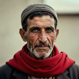 portrait of president calvin coolidge as afghan man, green eyes and red scarf looking intently, photograph by steve mccurry