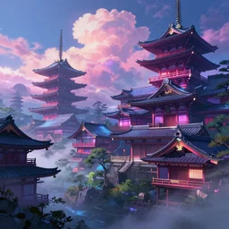 cyberpunk japan traditional architecture in cyberneon, ancient buildings in the nara, art by dangiuz, gorgeous clouds, fantasy lighting, octane render, ureal engine, japanese animation, mist, hyperdetailed,.
