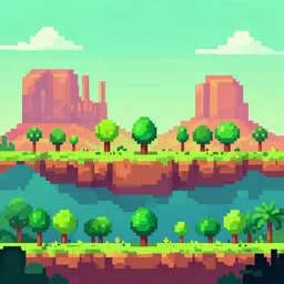 a low res pixel landscape platformer render of jungle socotra island with cute trees in the style of monument valley intric
