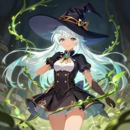visual novel sprite of female student witch by greg rutkowski, genshin impact, witch academia, magic school uniform, glowing white iridescent hair color, plant growing vines magic, by studio ghibli, digital art, trending on artstation, hd, 8 k, highly detailed, good lighting, beautiful, masterpiece