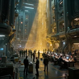 masses of people in a highly futuristic massive living quarters of a spacecraft with engineers working at the docks, cyberpunk, moody, luminescent, rule of thirds, golden ratio, ambient lighting, syd mead, greg rutkowski, wlop, artgerm, artstation, highly detailed masterpiece