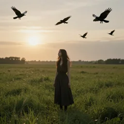 pastoral eerie. woman in meadow. ravens flying. sun low in sky. realistic