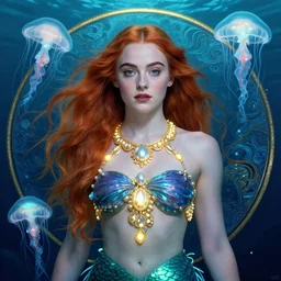 Sophie turner as the little mermaid, a beautiful art nouveau portrait by Gil elvgren, beneath the ocean waves glowing jellyfish environment, centered composition, defined features, golden ratio, intricate seashell jewelry that glows