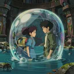 realistic interior shot from howl's moving castle ( 2 0 0 4 ) of a cubic bubble time portal warping a flooded ancient atlantis, cartoon, depth of field.