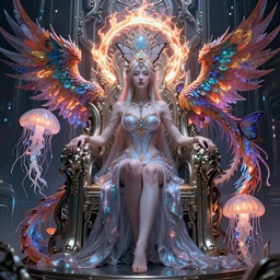 beautiful eldritch princess , sitting on intricate throne, high tech, cyberpunk, dystopian, jellyfish phoenix dragon, butterfly squid, burning halo, intricate artwork by Guy Denning, very coherent symmetrical artwork, cinematic, hyper realism, high detail, octane render, unreal engine, 8k, Vibrant colors, Smooth gradients, High contrast, depth of field,
