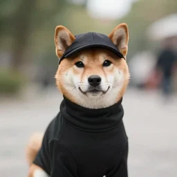 a shiba inu wearing a a black turtle neck and wearing a black barret, bokeh, depth of feild, dslr photo
