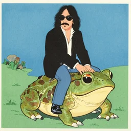 a portrait of frank zappa riding on a toad. shin - hanga and utamaro.