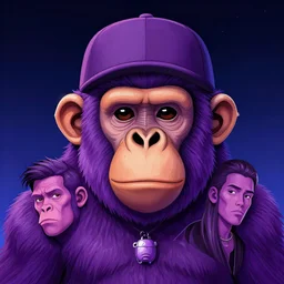 a frontal portait drawing of a purple ape with a cap by inio, beeple and james jean, aya takano color style, trippy, 8 k, super detailed, night sky, digital art, digital painting, clean
